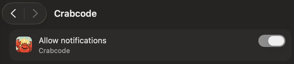 Crabcode enabled in macOS Notification settings